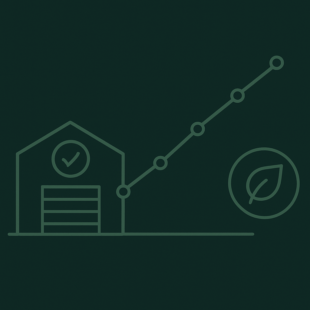Data visualization of warehouse compliance management system with connect data points showing emission reduction tracking in clean minimalist design w-2